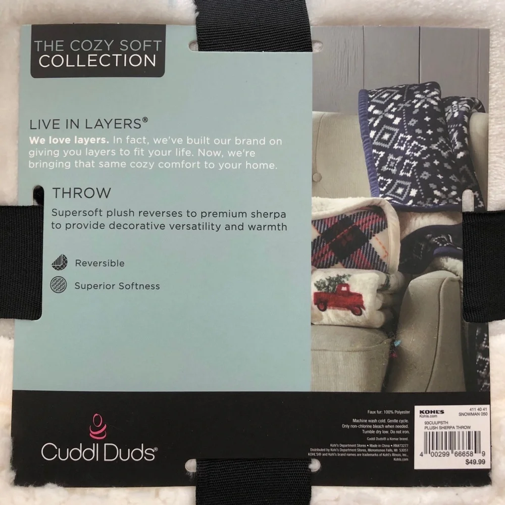 NWT Cuddl Duds Plush Sherpa Throw Reversible Snowman Print 50